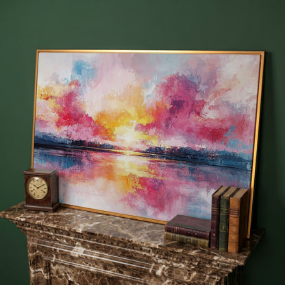 Colorful Sunset on the Water Canvas Print in antique gold floating frame
