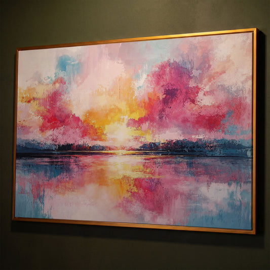 Colorful Sunset on the Water Canvas Print shown in antique gold floating frame