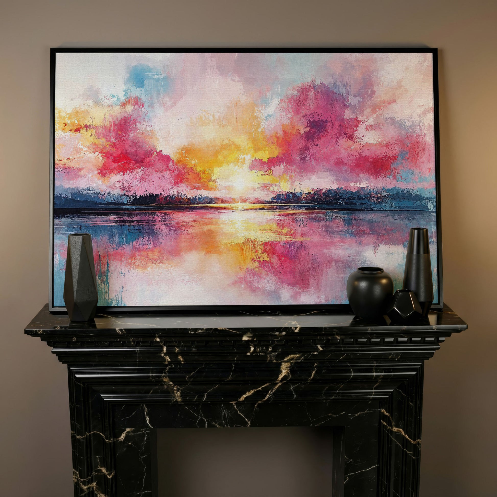 Colorful Sunset on the Water Canvas Print in black floating frame