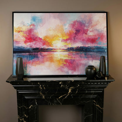 Colorful Sunset on the Water Canvas Print in black floating frame