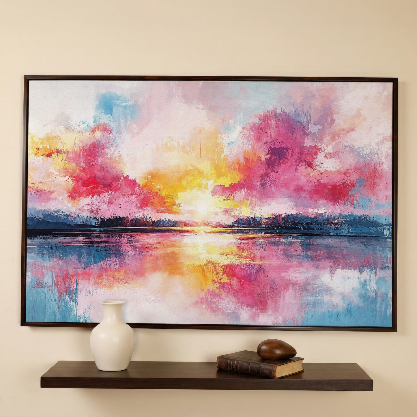 Colorful Sunset on the Water Canvas Print in dark walnut floating frame
