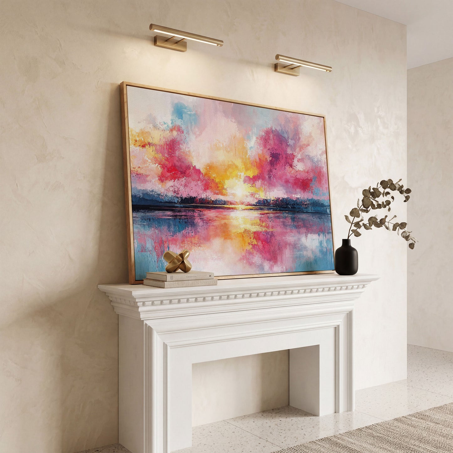 Colorful Sunset on the Water Canvas Print in white oak floating frame