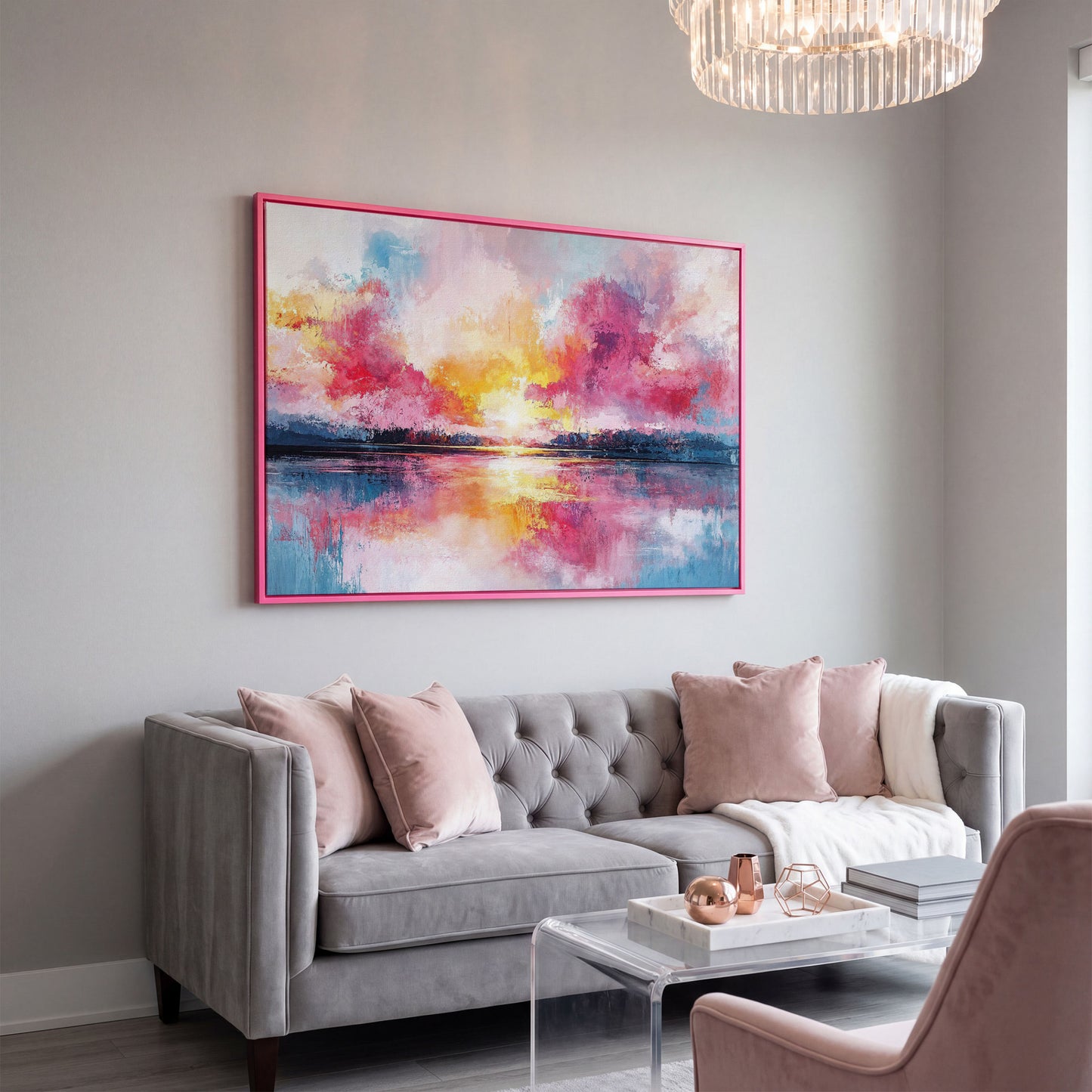 Colorful Sunset on the Water Canvas Print in pink floating frame