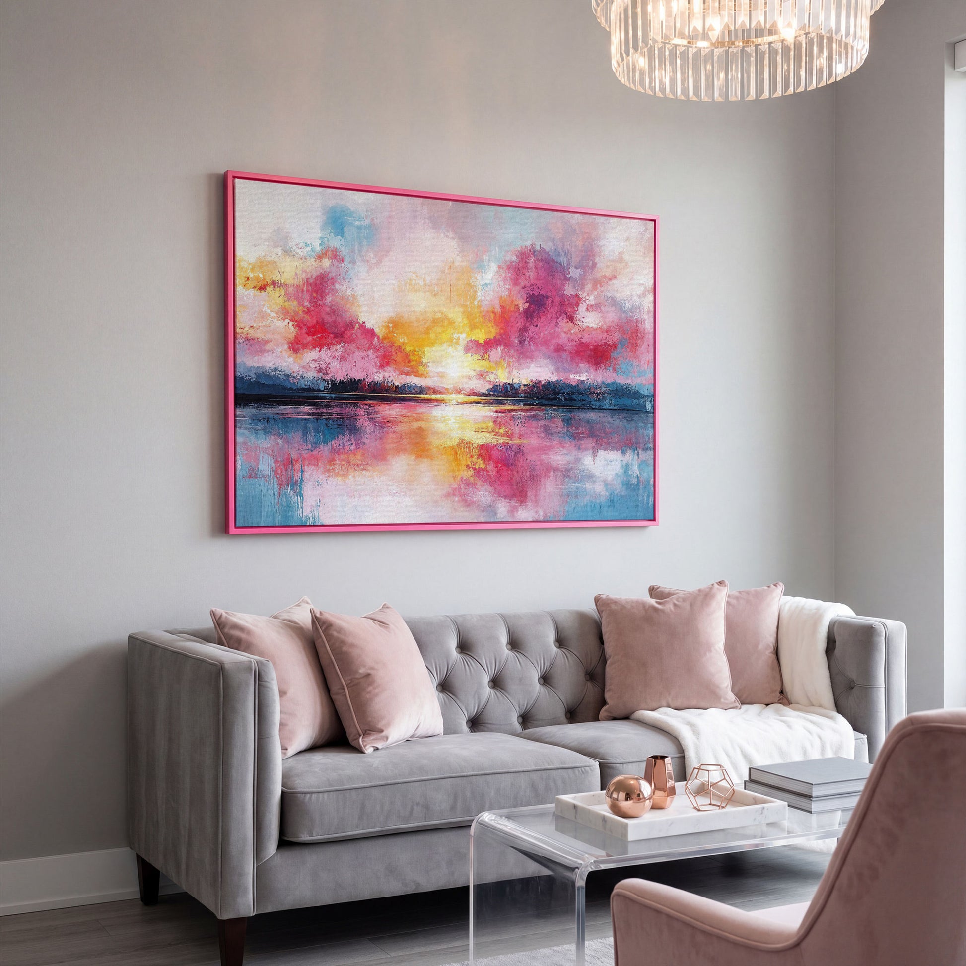 Colorful Sunset on the Water Canvas Print in pink floating frame
