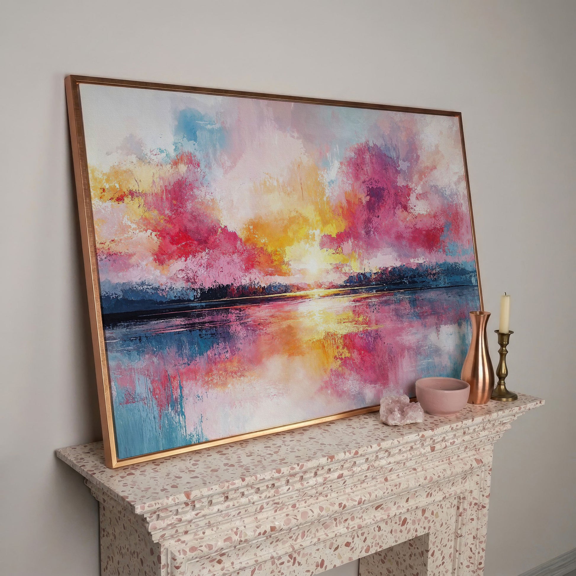 Colorful Sunset on the Water Canvas Print in rose gold floating frame