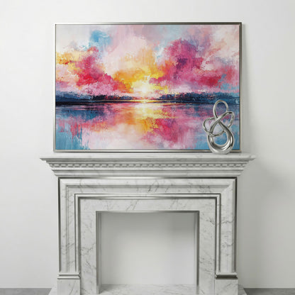 Colorful Sunset on the Water Canvas Print in silver floating frame