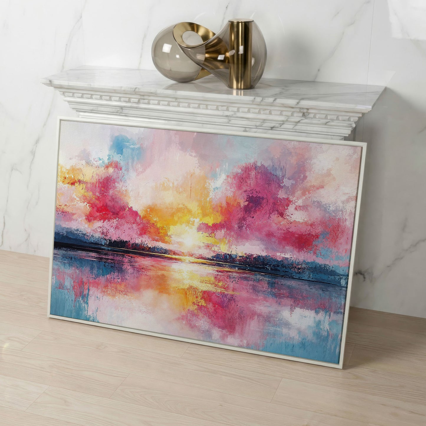 Colorful Sunset on the Water Canvas Print in white floating frame