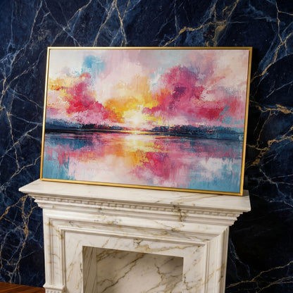 Colorful Sunset on the Water Canvas Print in yellow gold floating frame