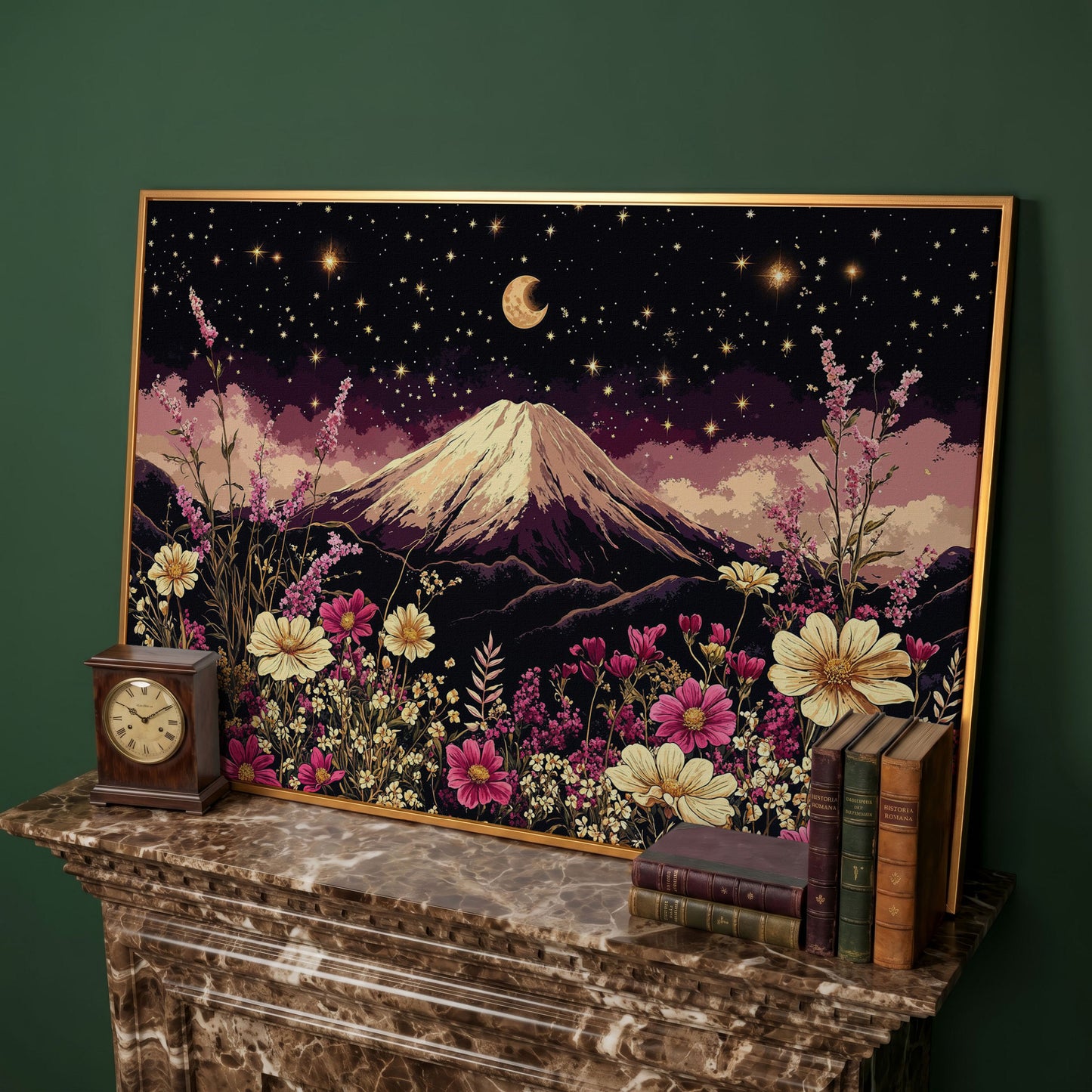 Moonlit Mountain with Wildflowers Canvas in antique gold floating frame