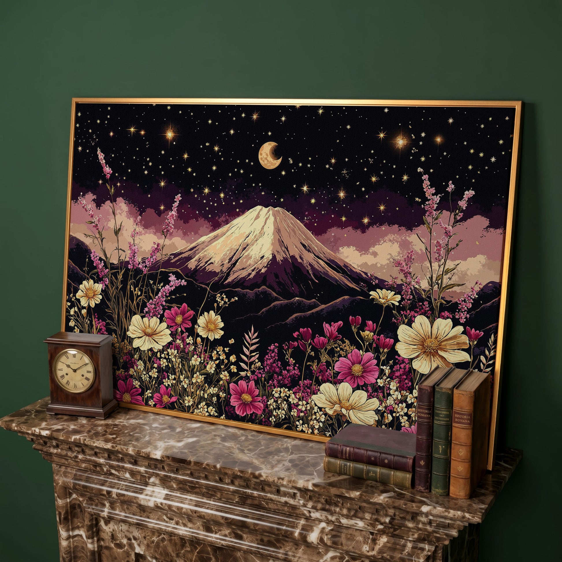 Moonlit Mountain with Wildflowers Canvas in antique gold floating frame