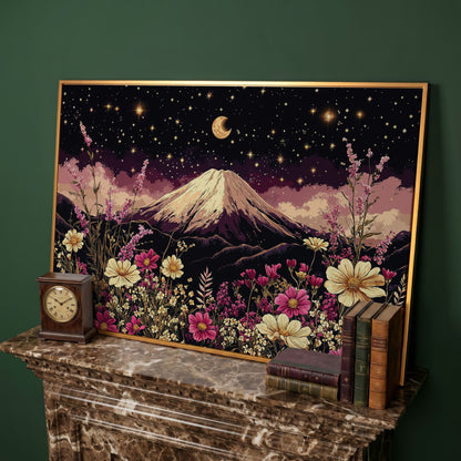 Moonlit Mountain with Wildflowers Canvas in antique gold floating frame