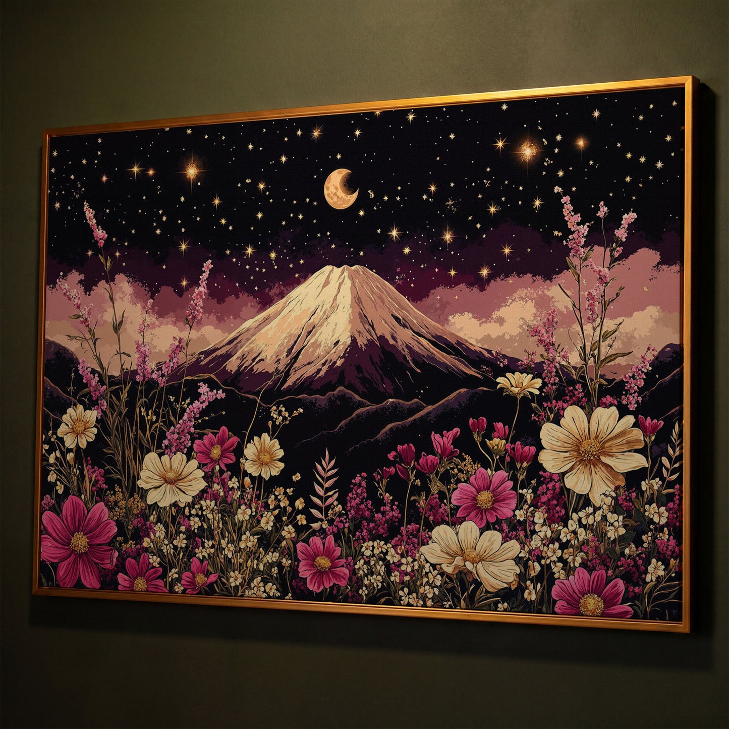 Moonlit Mountain with Wildflowers Canvas shown in antique gold floating frame
