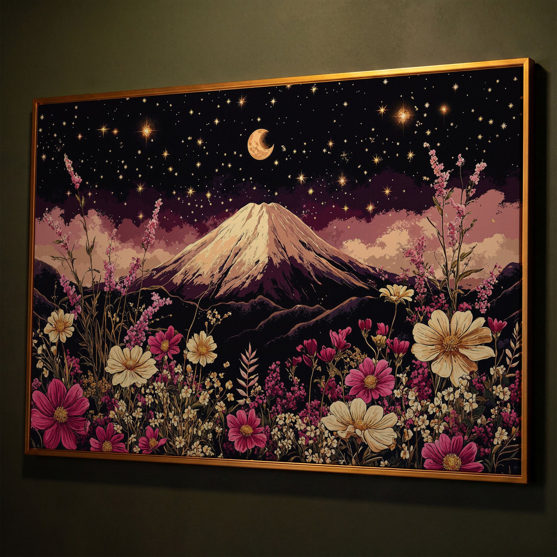 Moonlit Mountain with Wildflowers Canvas shown in antique gold floating frame