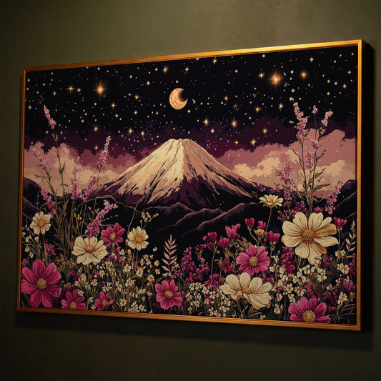 Moonlit Mountain with Wildflowers Canvas shown in antique gold floating frame