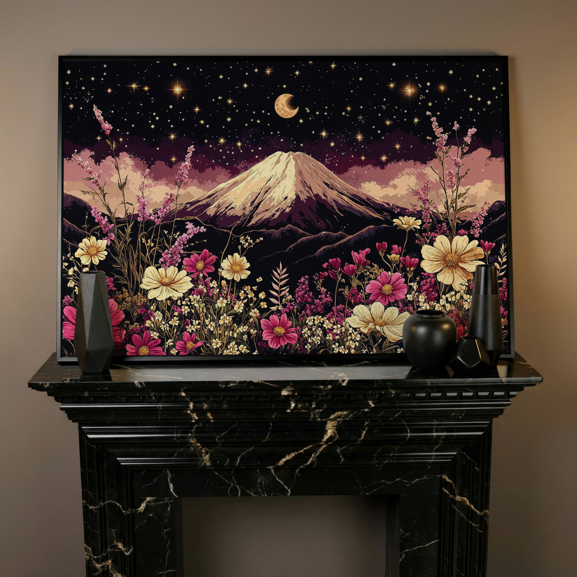 Moonlit Mountain with Wildflowers Canvas in black floating frame