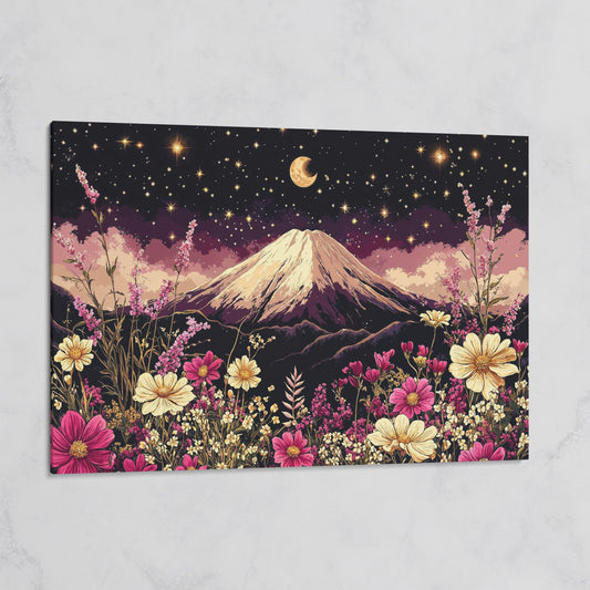 Moonlit Mountain with Wildflowers Canvas on gallery wrap