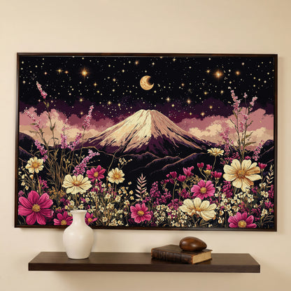 Moonlit Mountain with Wildflowers Canvas in dark walnut floating frame