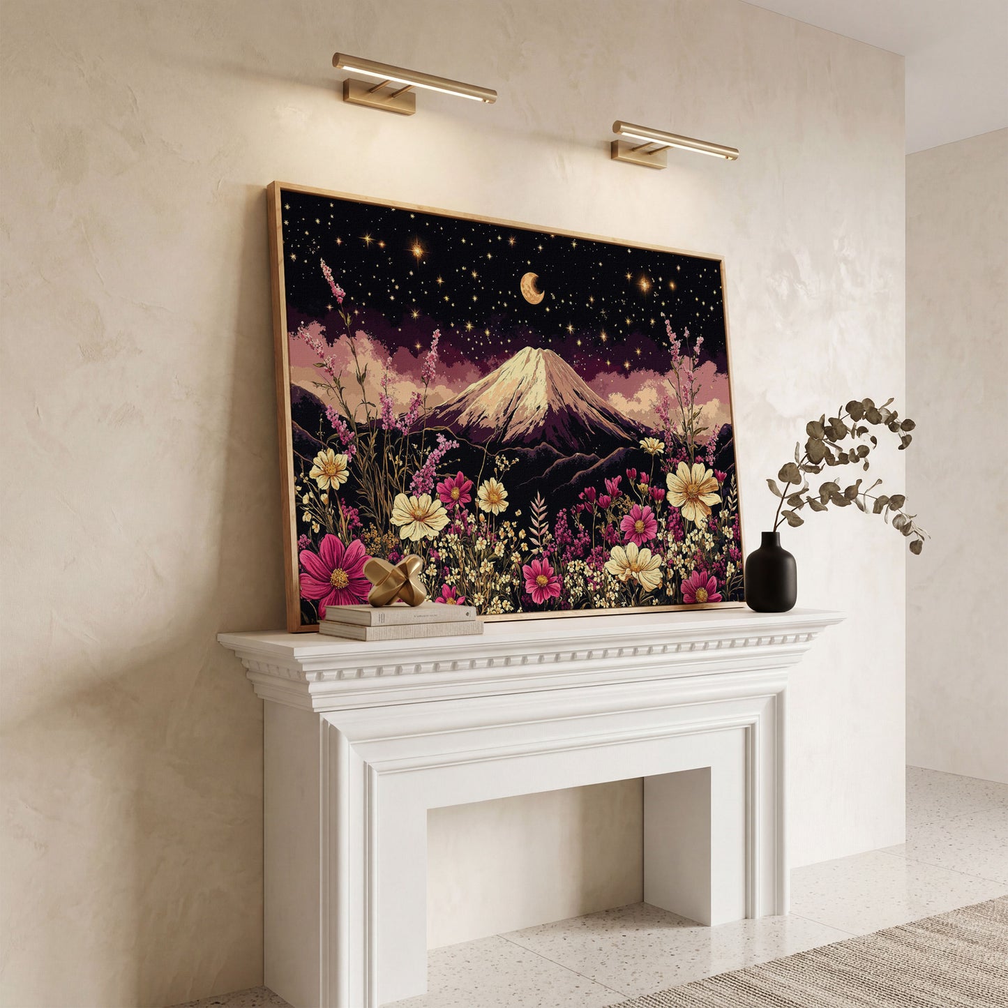 Moonlit Mountain with Wildflowers Canvas in white oak floating frame