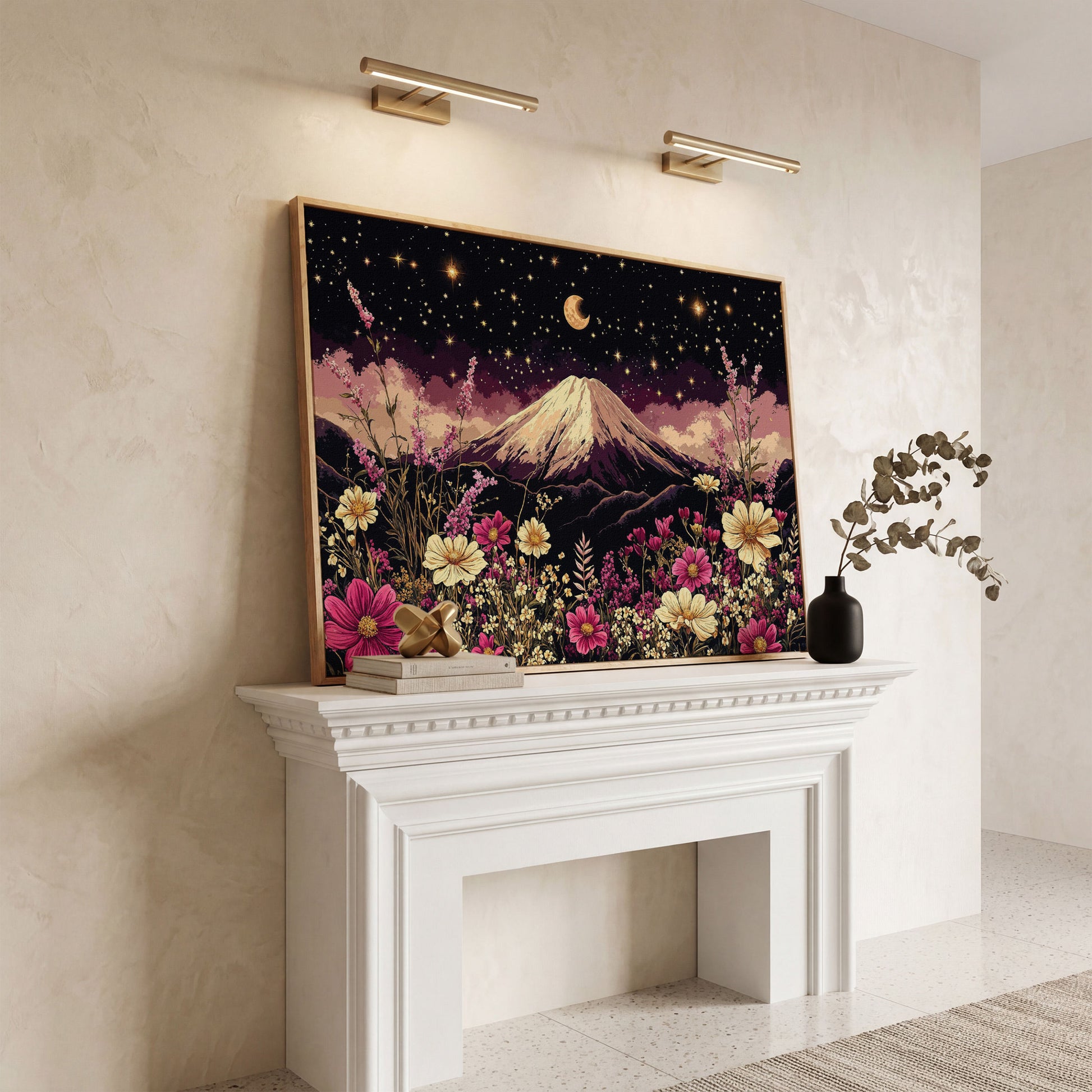 Moonlit Mountain with Wildflowers Canvas in white oak floating frame