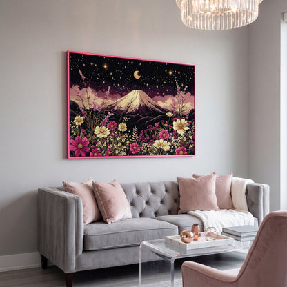 Moonlit Mountain with Wildflowers Canvas in pink floating frame