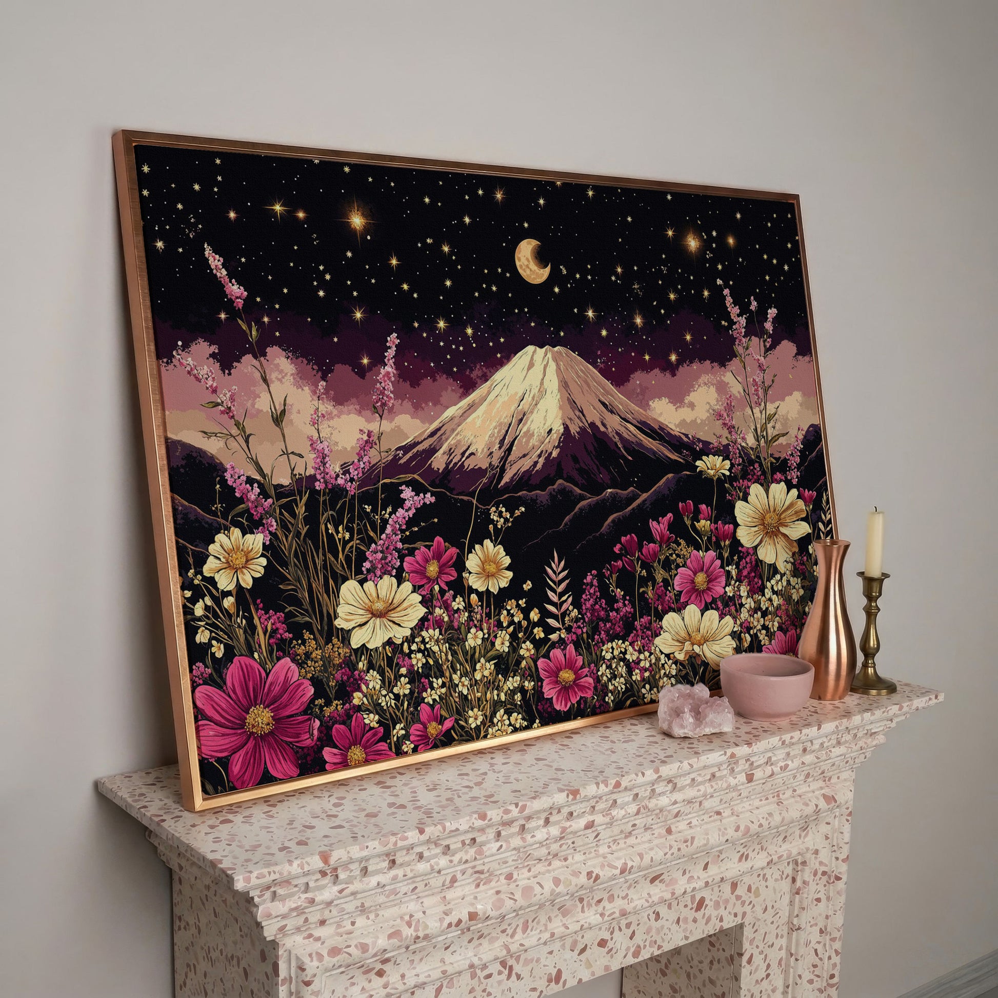 Moonlit Mountain with Wildflowers Canvas in rose gold floating frame