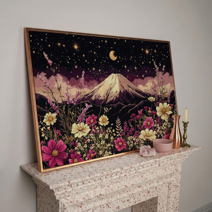 Moonlit Mountain with Wildflowers Canvas in rose gold floating frame