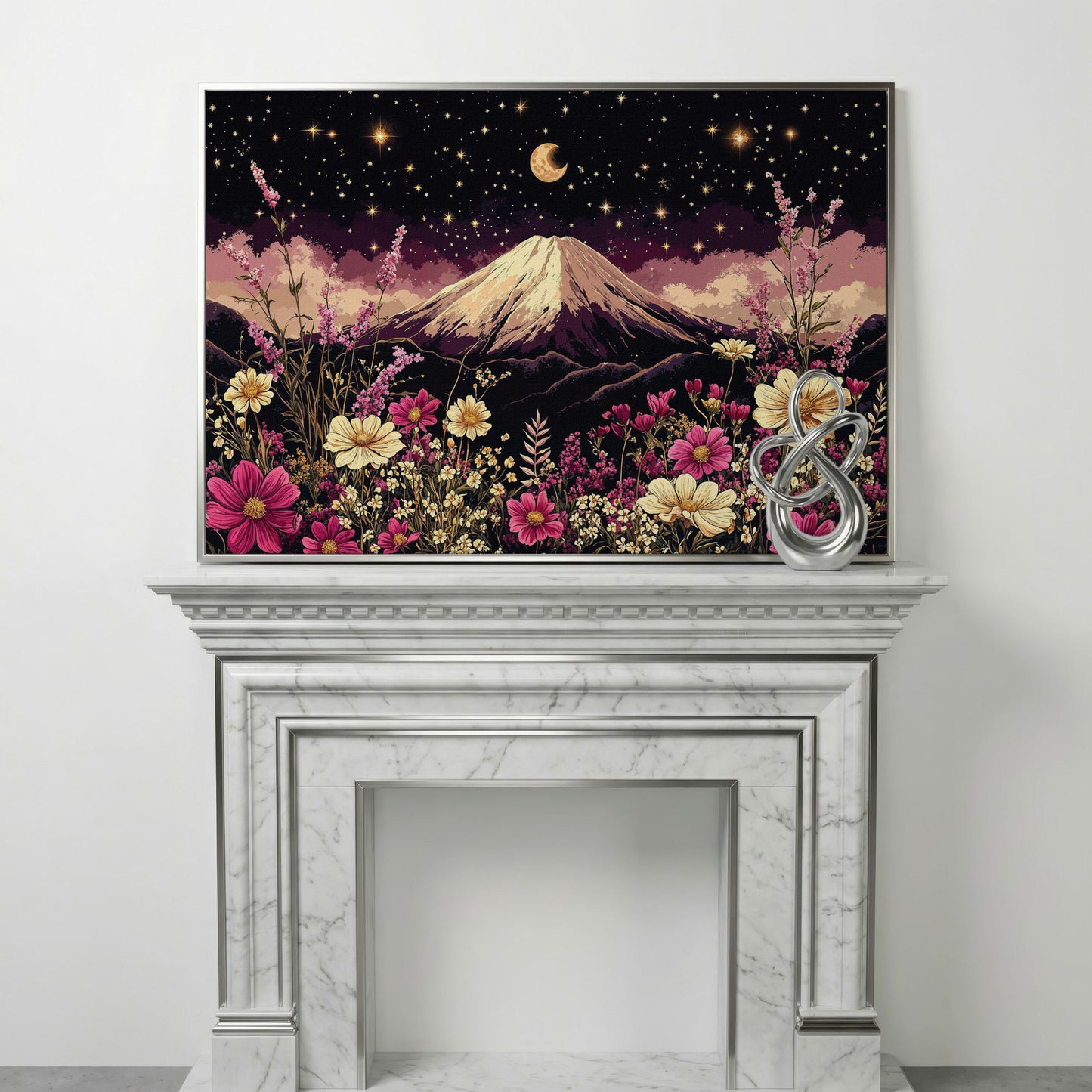 Moonlit Mountain with Wildflowers Canvas in silver floating frame