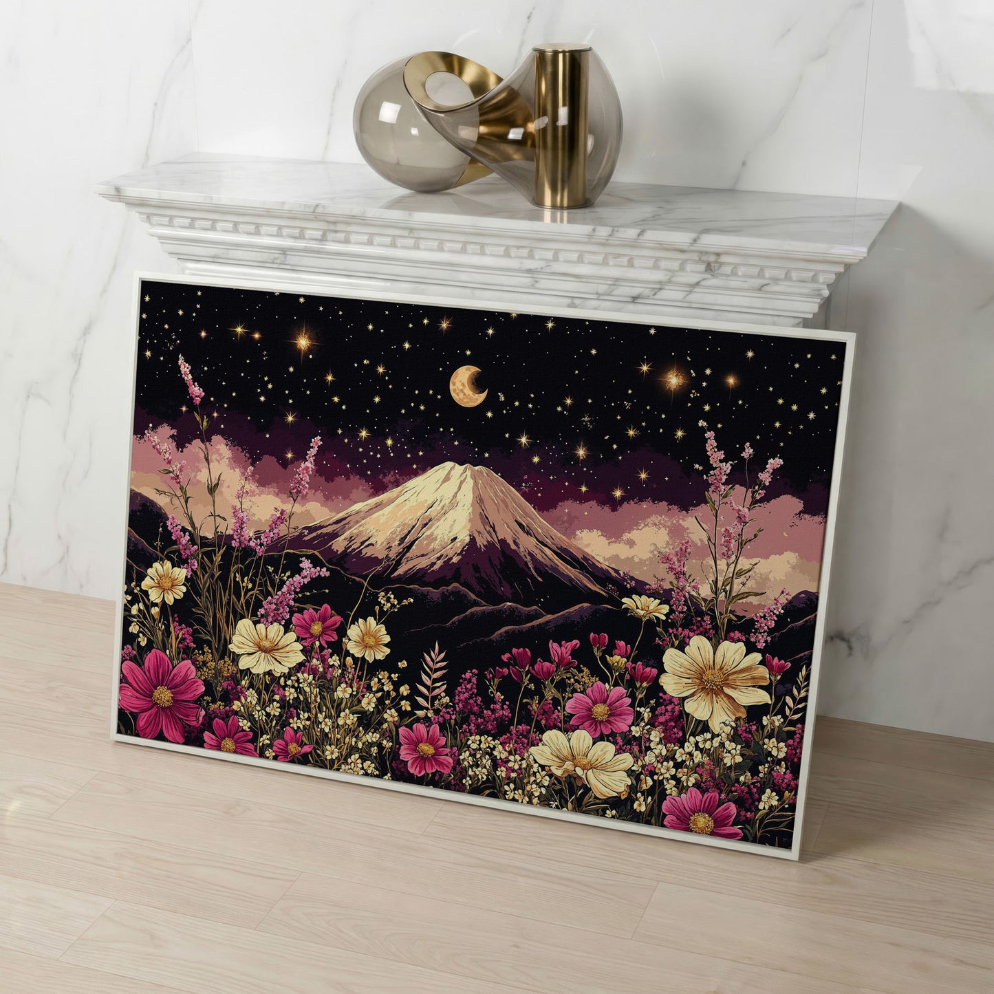 Moonlit Mountain with Wildflowers Canvas in white floating frame