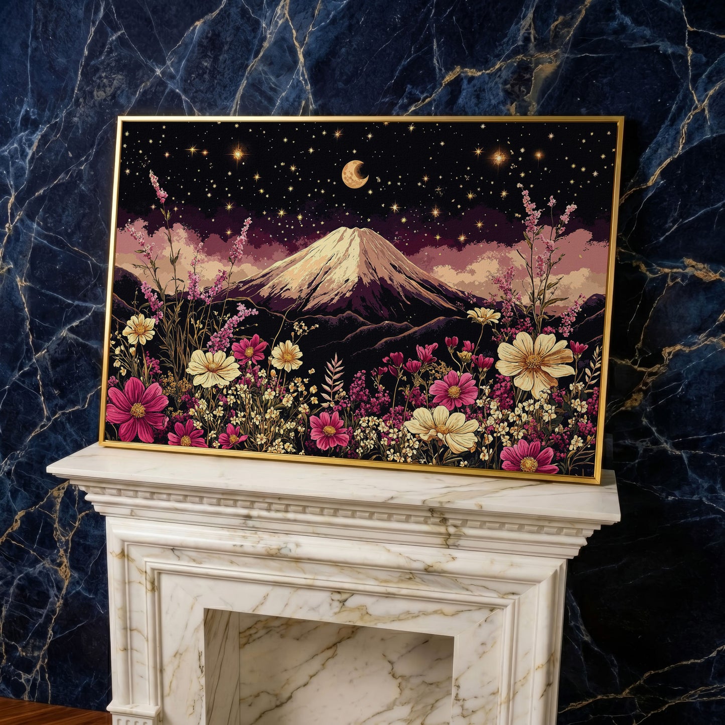 Moonlit Mountain with Wildflowers Canvas in yellow gold floating frame