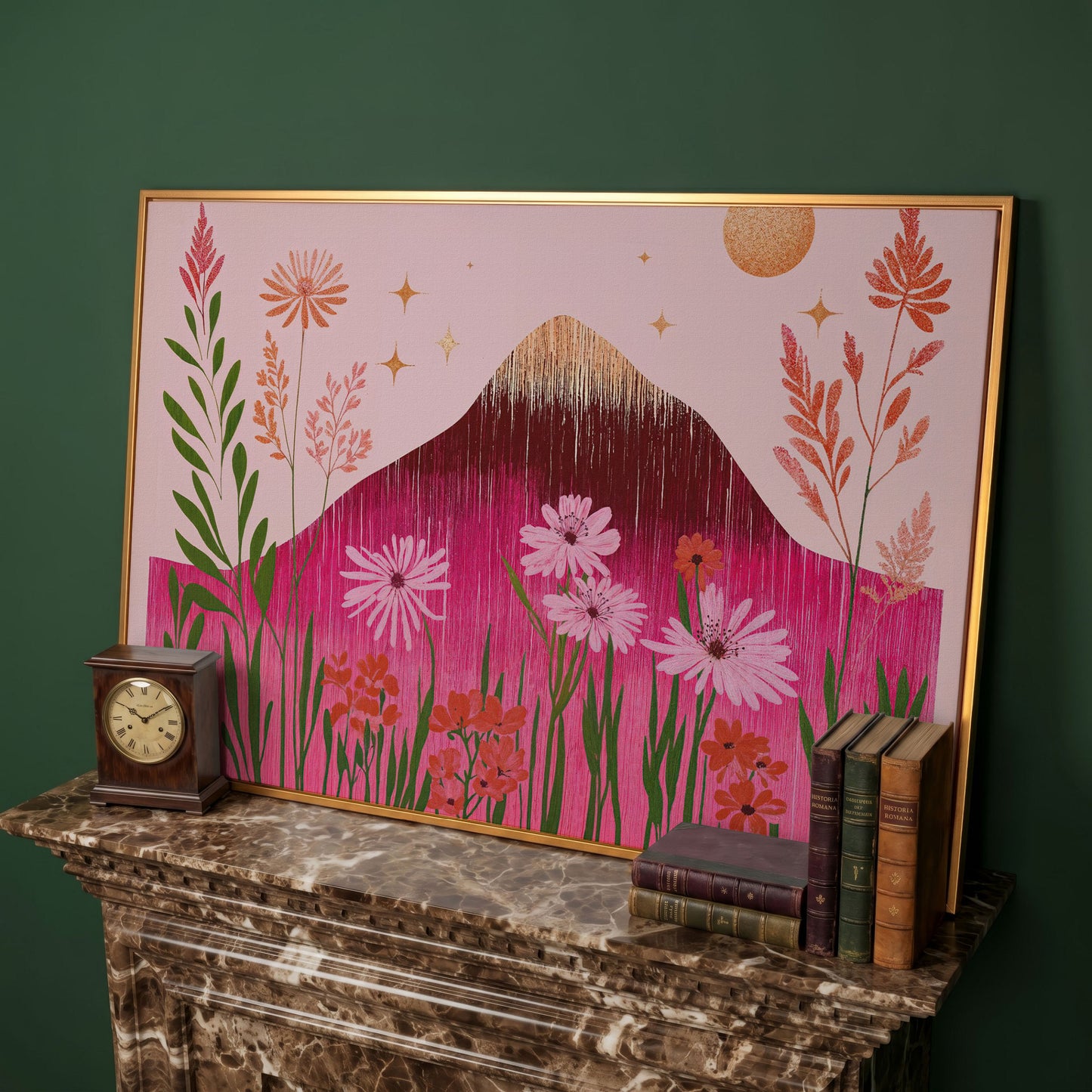 Pink Floral and Mountain Scene Canvas Print in antique gold floating frame