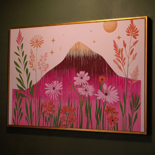 Pink Floral and Mountain Scene Canvas Print shown in antique gold floating frame