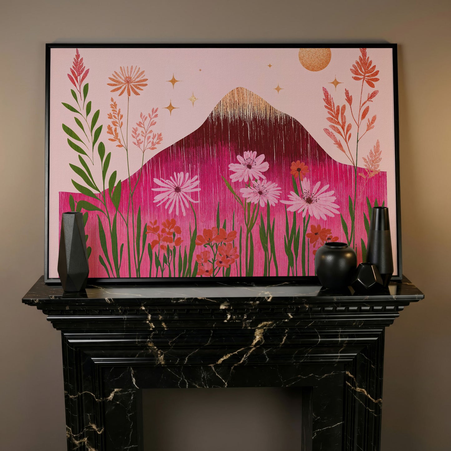 Pink Floral and Mountain Scene Canvas Print in black floating frame