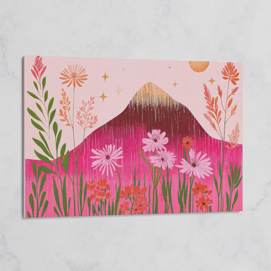 Pink Floral and Mountain Scene Canvas Print on gallery wrap