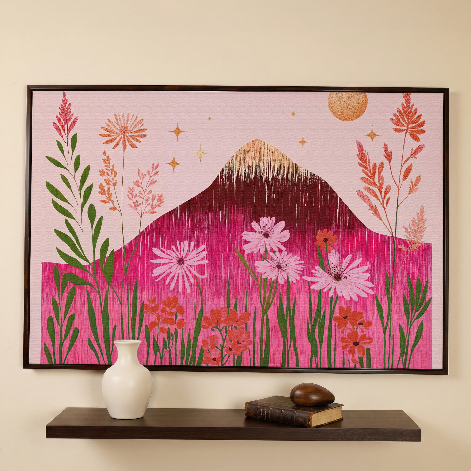 Pink Floral and Mountain Scene Canvas Print in dark walnut floating frame