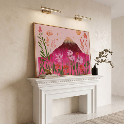 Pink Floral and Mountain Scene Canvas Print in white oak floating frame