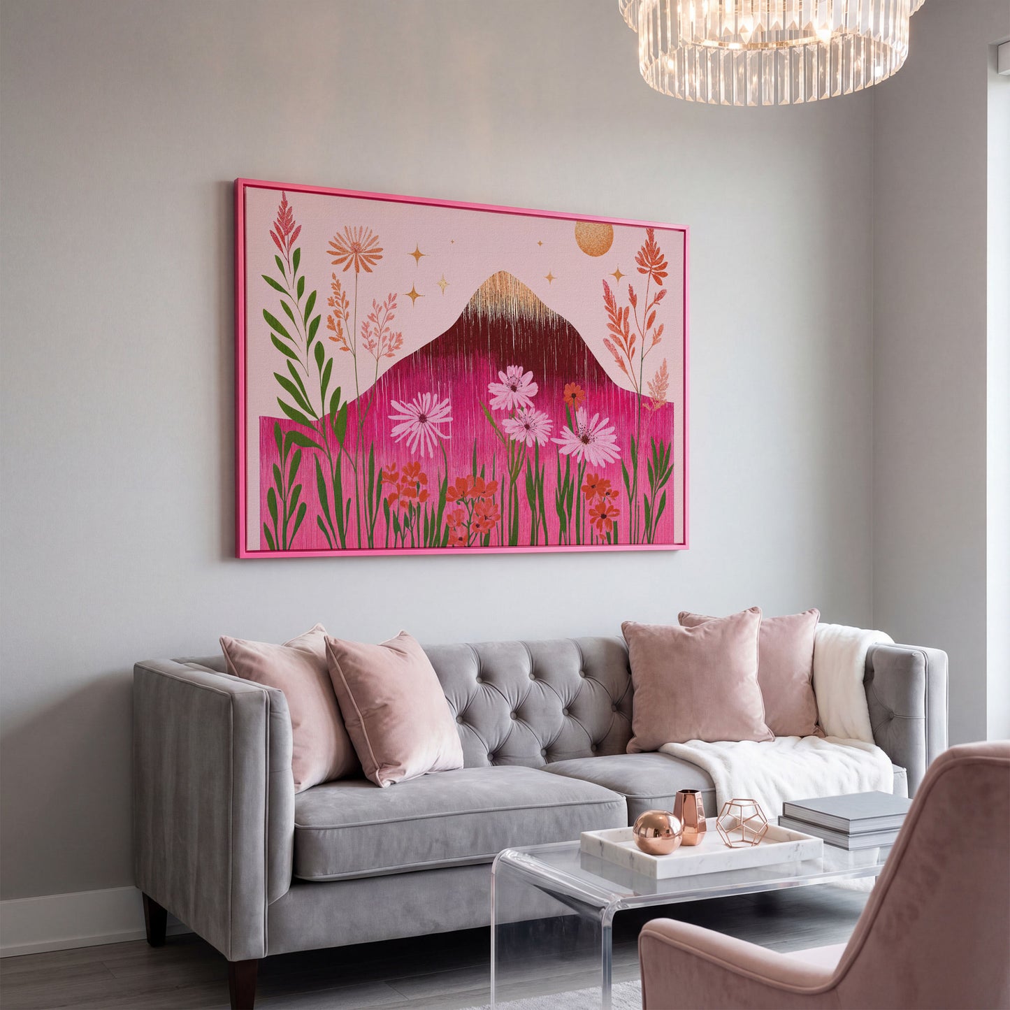 Pink Floral and Mountain Scene Canvas Print in pink floating frame
