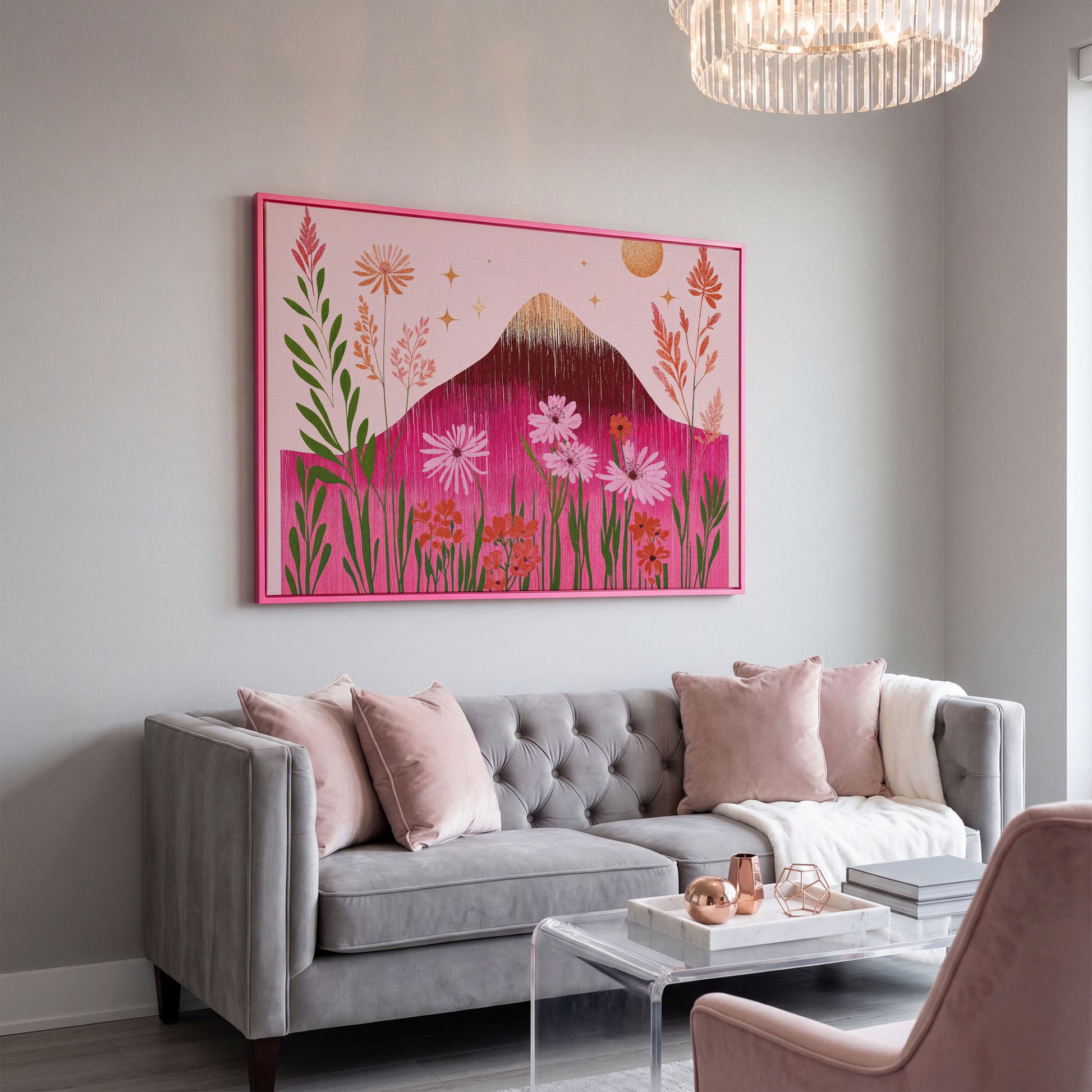 Pink Floral and Mountain Scene Canvas Print in pink floating frame