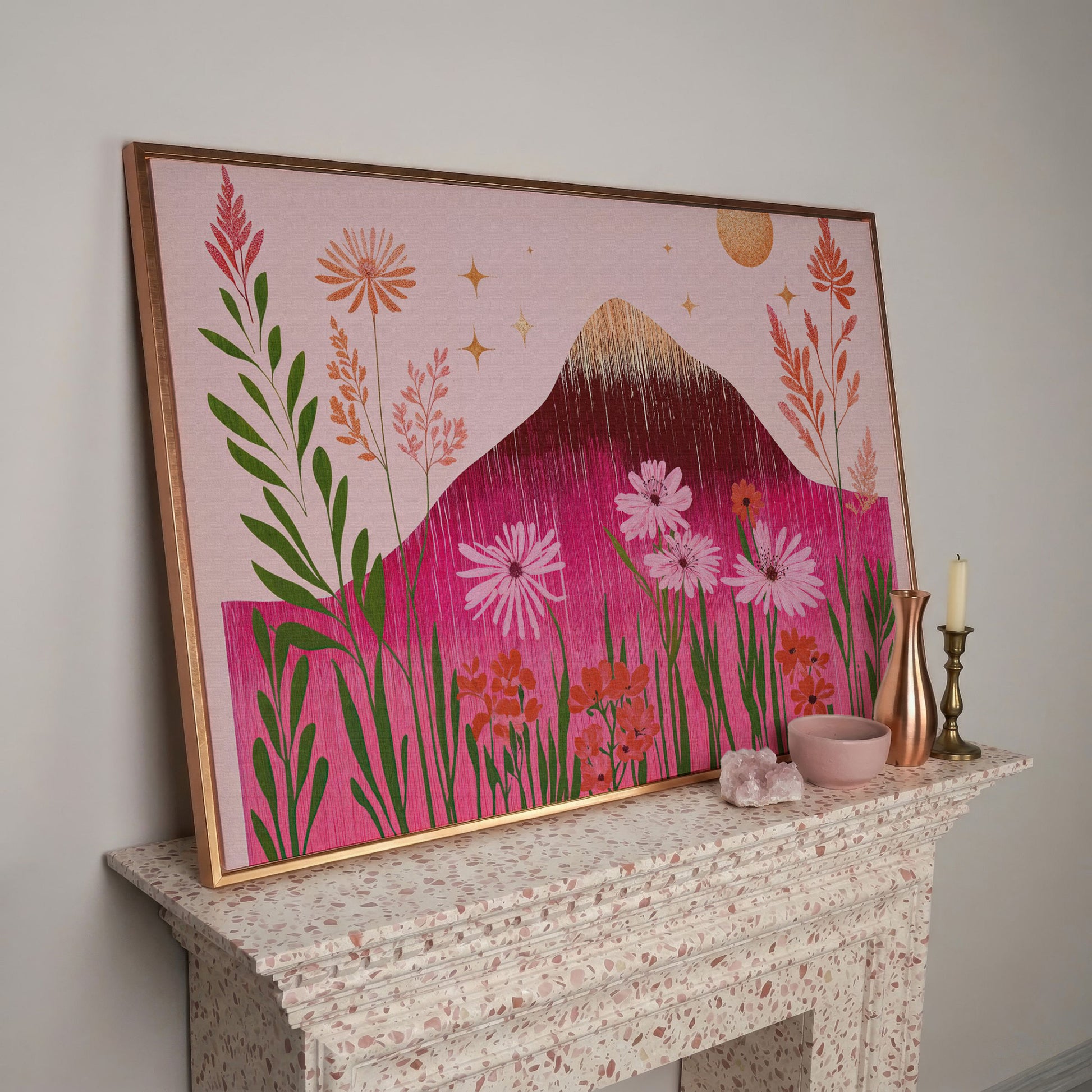 Pink Floral and Mountain Scene Canvas Print in rose gold floating frame