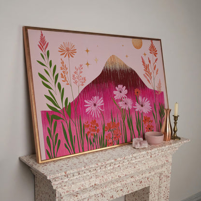 Pink Floral and Mountain Scene Canvas Print in rose gold floating frame