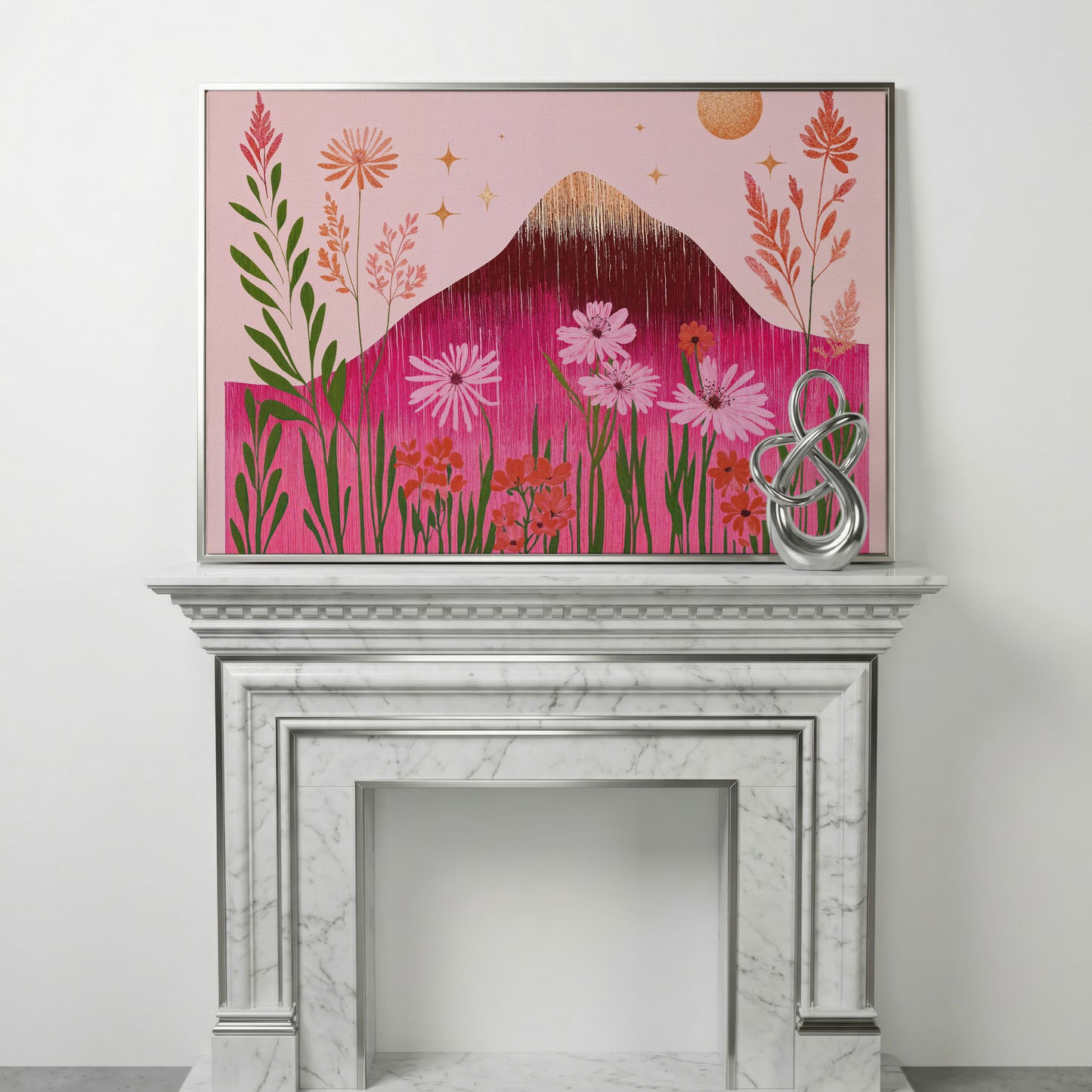 Pink Floral and Mountain Scene Canvas Print in silver floating frame