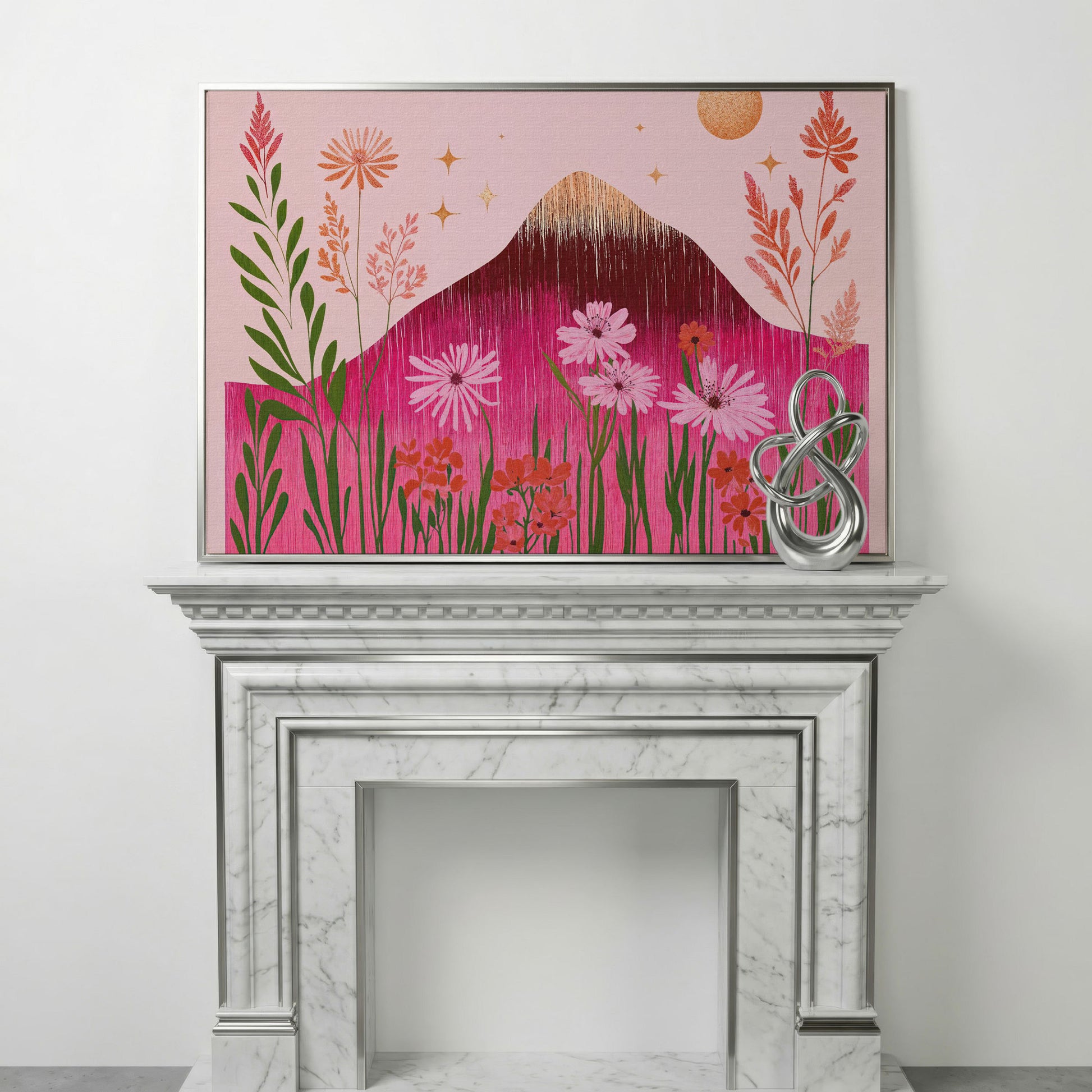 Pink Floral and Mountain Scene Canvas Print in silver floating frame