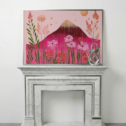 Pink Floral and Mountain Scene Canvas Print in silver floating frame