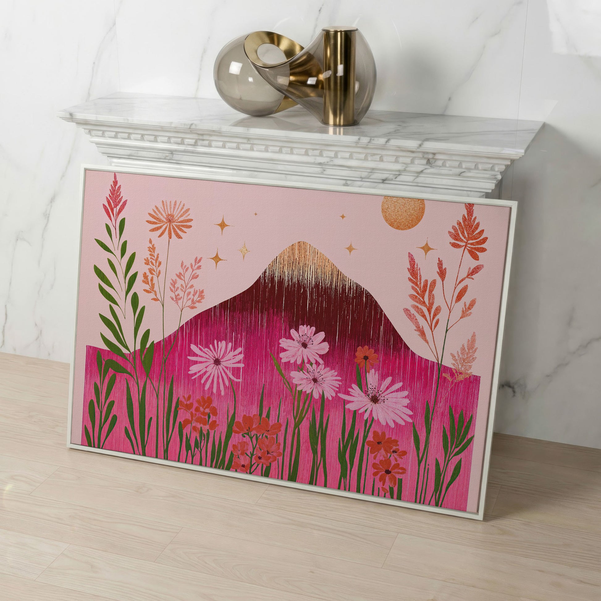 Pink Floral and Mountain Scene Canvas Print in white floating frame