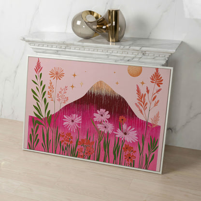 Pink Floral and Mountain Scene Canvas Print in white floating frame