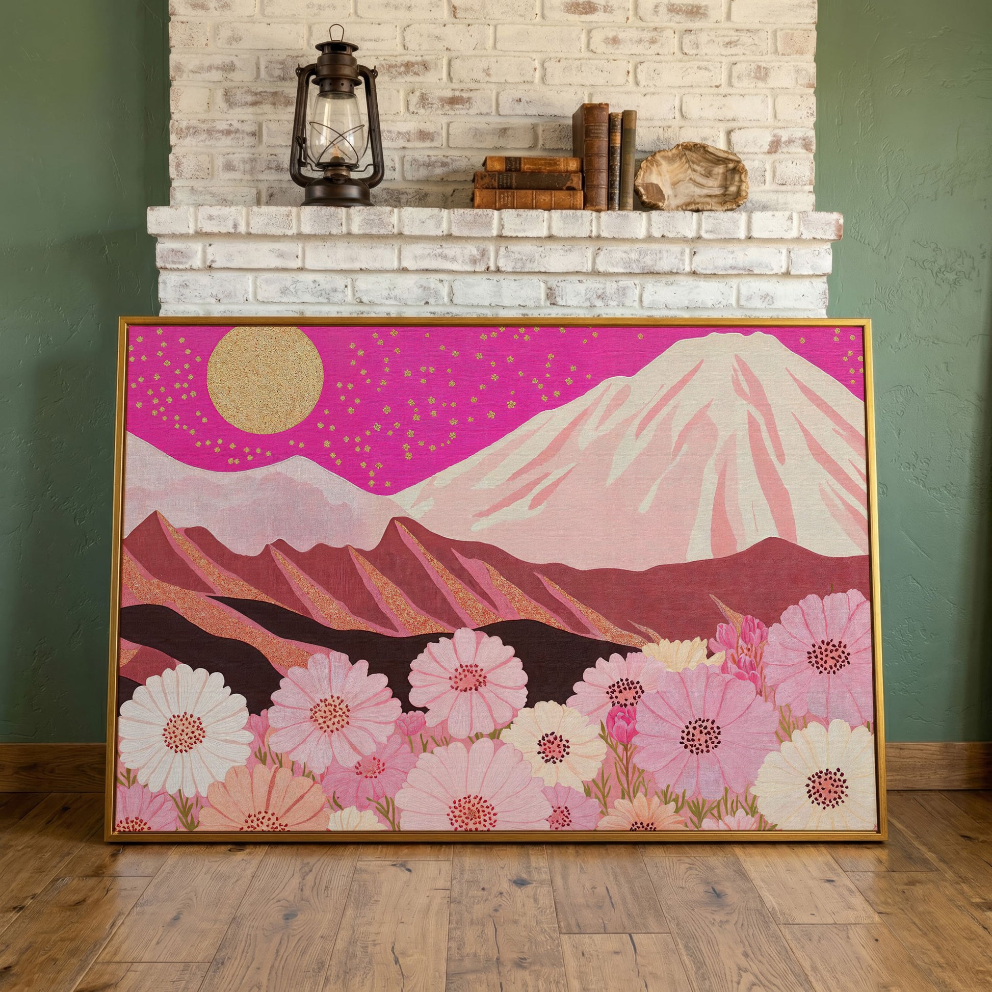 Majestic Mountains and Floral Fields Canvas Print in antique gold floating frame