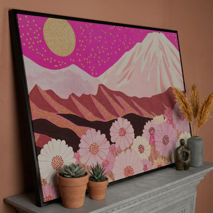 Majestic Mountains and Floral Fields Canvas Print in black floating frame