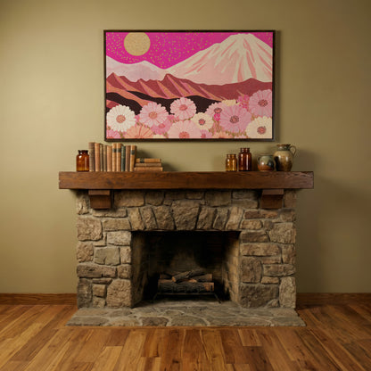 Majestic Mountains and Floral Fields Canvas Print in dark walnut floating frame