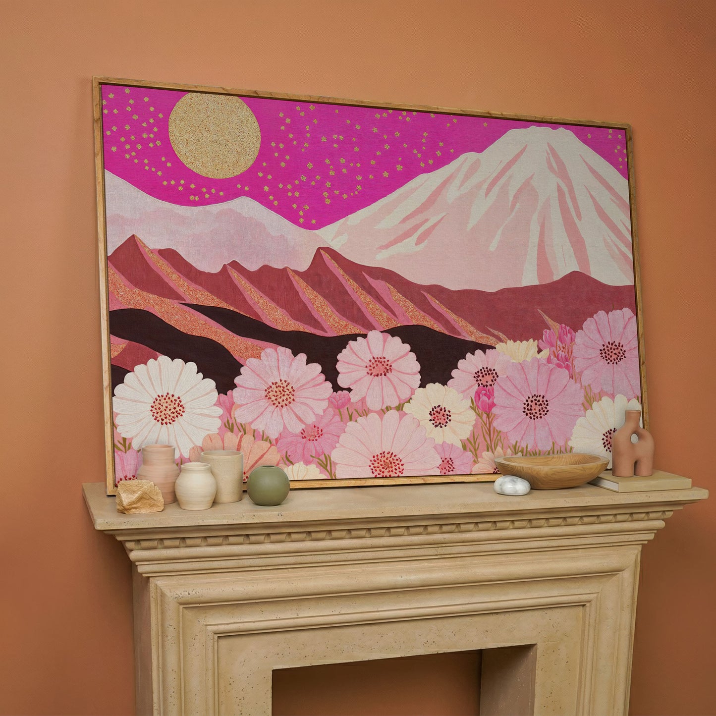 Majestic Mountains and Floral Fields Canvas Print in white oak floating frame