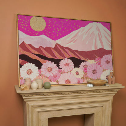Majestic Mountains and Floral Fields Canvas Print in white oak floating frame