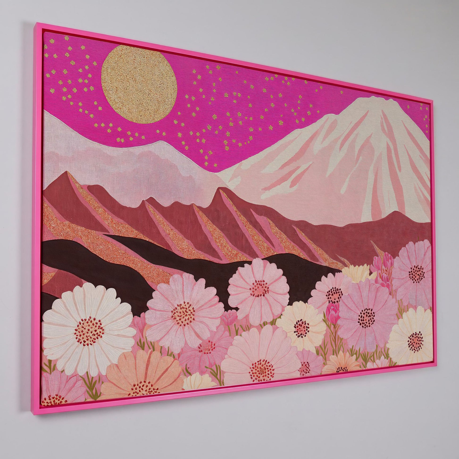 Majestic Mountains and Floral Fields Canvas Print in pink floating frame